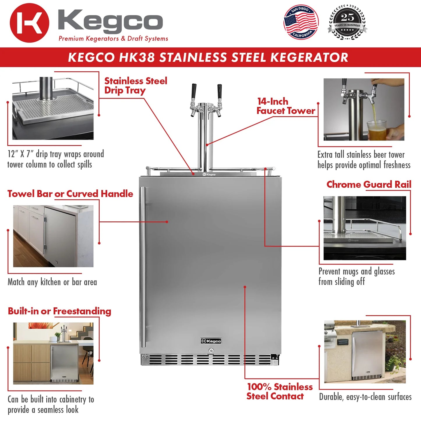 Kegco 24" WIDE DUAL TAP STAINLESS STEEL BUILTIN KEGERATOR