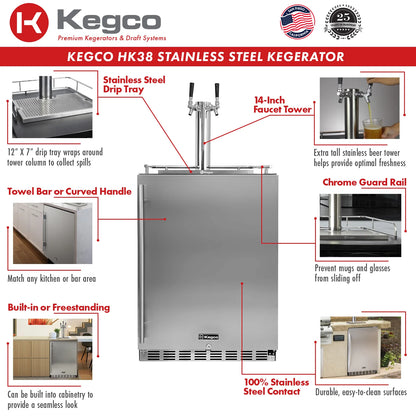 Kegco 24" WIDE DUAL TAP STAINLESS STEEL BUILTIN KEGERATOR