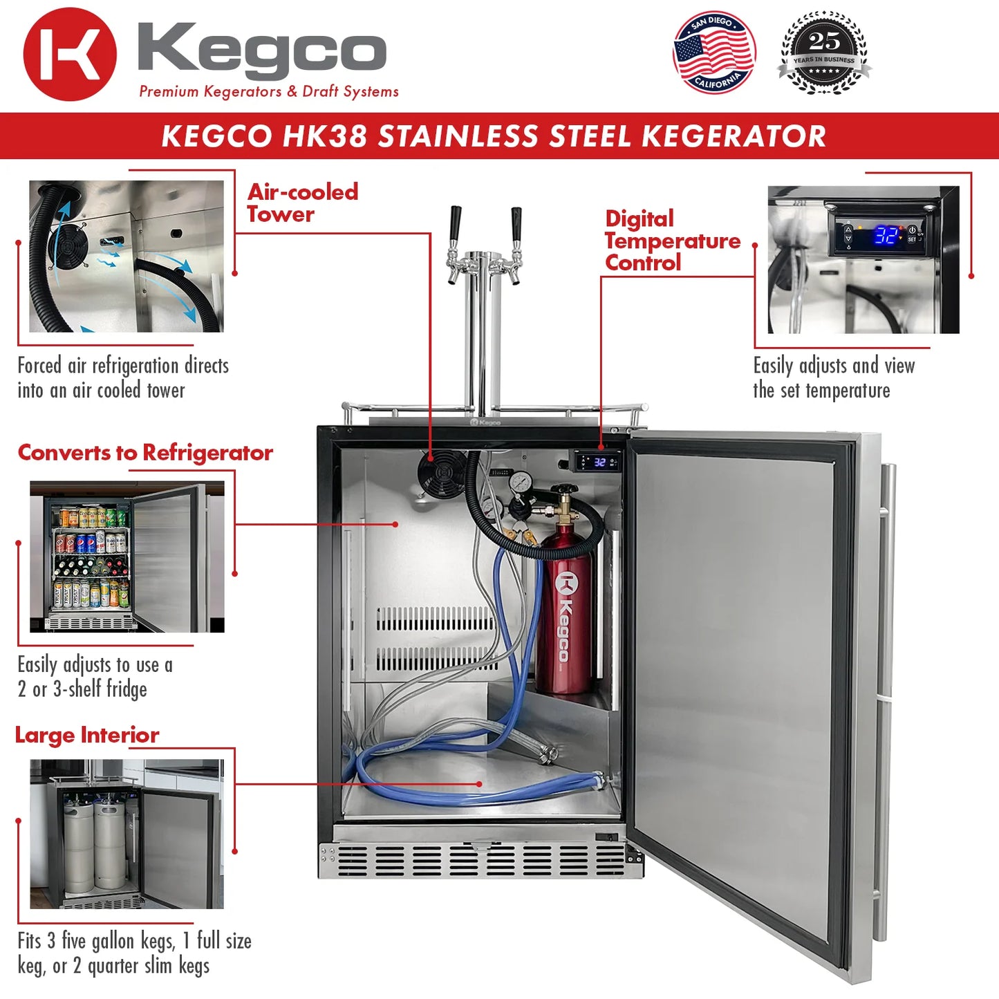 Kegco 24" WIDE DUAL TAP STAINLESS STEEL BUILTIN KEGERATOR